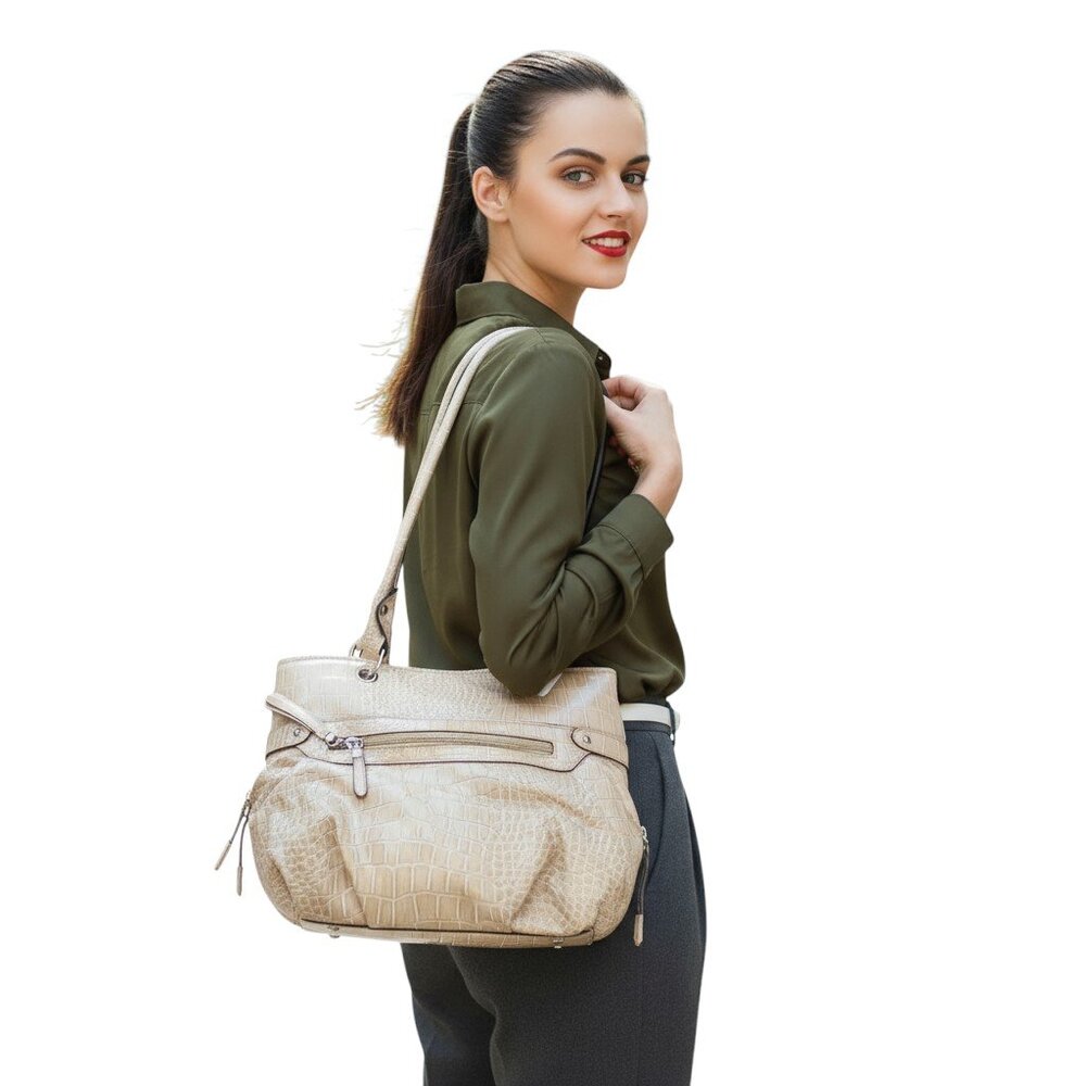 Rosetti Beige Croc Embossed Faux Leather Shoulder Tote Bag NWT Work Purse